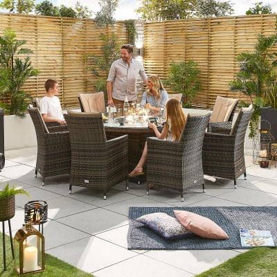 Sienna 8 Seat Rattan Dining Set - Round Gas Fire Pit Table in Brown Rattan