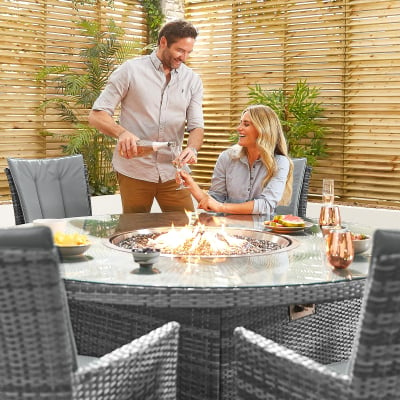 Sienna 8 Seat Rattan Dining Set - Round Gas Fire Pit Table in Grey Rattan