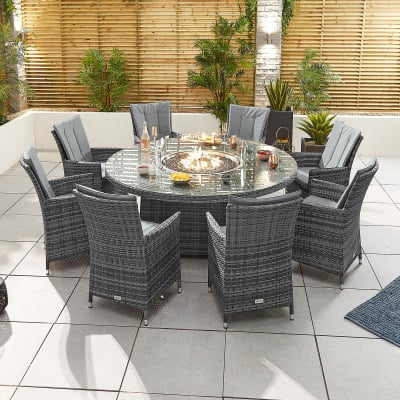 Sienna 8 Seat Rattan Dining Set - Round Gas Fire Pit Table in Grey Rattan