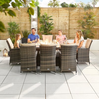 Sienna 8 Seat Rattan Dining Set - Rectangular Gas Fire Pit Table in Brown Rattan