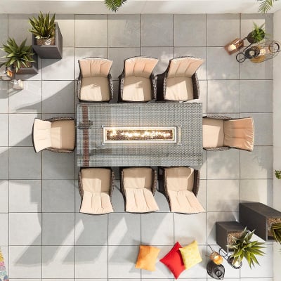 Sienna 8 Seat Rattan Dining Set - Rectangular Gas Fire Pit Table in Brown Rattan