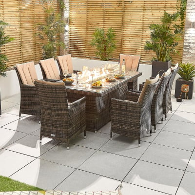 Sienna 8 Seat Rattan Dining Set - Rectangular Gas Fire Pit Table in Brown Rattan