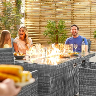 Sienna 8 Seat Rattan Dining Set - Rectangular Gas Fire Pit Table in Grey Rattan