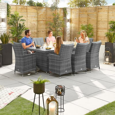 Sienna 8 Seat Rattan Dining Set - Rectangular Gas Fire Pit Table in Grey Rattan