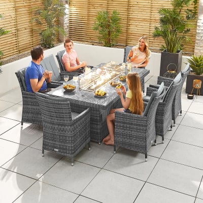 Sienna 8 Seat Rattan Dining Set - Rectangular Gas Fire Pit Table in Grey Rattan