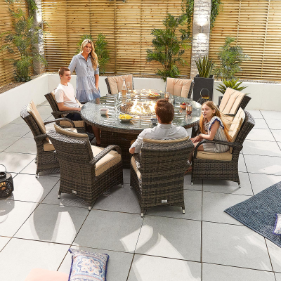 Olivia 8 Seat Rattan Dining Set - Round Gas Fire Pit Table in Brown Rattan