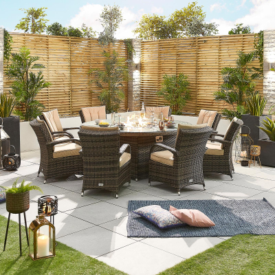 Olivia 8 Seat Rattan Dining Set - Round Gas Fire Pit Table in Brown Rattan