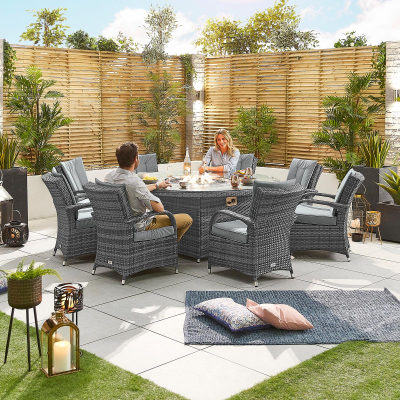 Olivia 8 Seat Rattan Dining Set - Round Gas Fire Pit Table in Grey Rattan