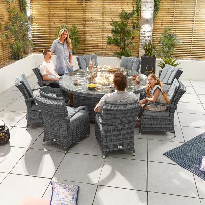 Olivia 8 Seat Rattan Dining Set - Round Gas Fire Pit Table in Grey Rattan