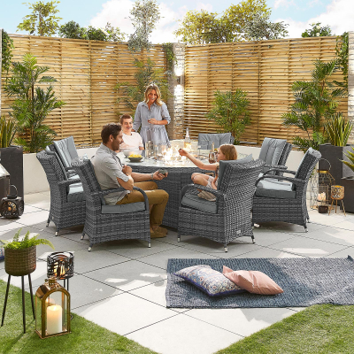 Olivia 8 Seat Rattan Dining Set - Round Gas Fire Pit Table in Grey Rattan