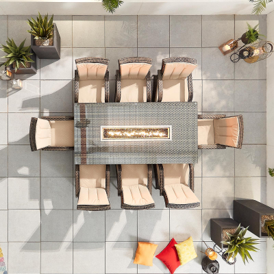 Olivia 8 Seat Rattan Dining Set - Rectangular Gas Fire Pit Table in Brown Rattan