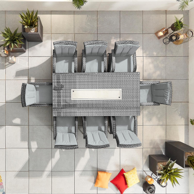 Olivia 8 Seat Rattan Dining Set - Rectangular Gas Fire Pit Table in Grey Rattan