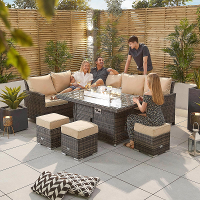 Cambridge L-Shaped Corner Rattan Lounge Dining Set with 3 Stools - Left Handed Gas Fire Pit Table in Brown Rattan