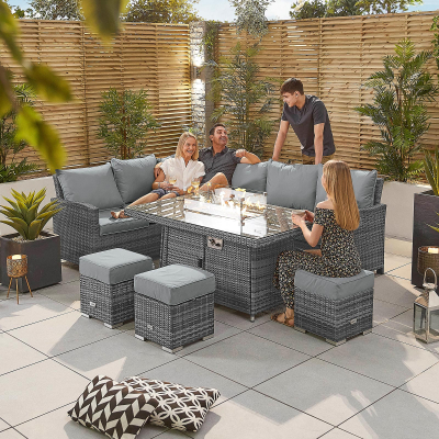 Cambridge L-Shaped Corner Rattan Lounge Dining Set with 3 Stools - Left Handed Gas Fire Pit Table in Grey Rattan