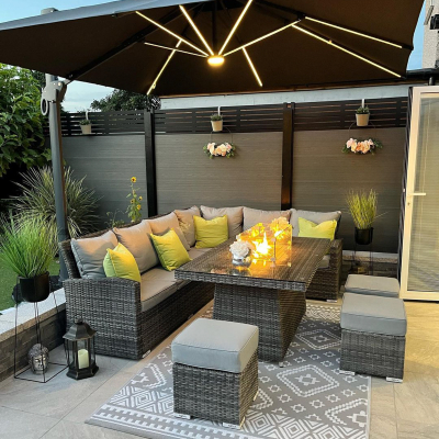 Cambridge L-Shaped Corner Rattan Lounge Dining Set with 3 Stools - Right Handed Gas Fire Pit Table in Grey Rattan