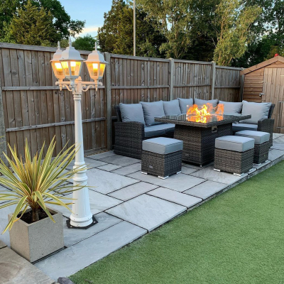 Cambridge L-Shaped Corner Rattan Lounge Dining Set with 3 Stools - Right Handed Gas Fire Pit Table in Grey Rattan