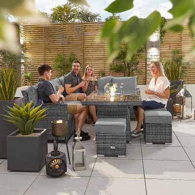 Cambridge L-Shaped Corner Rattan Lounge Dining Set with 3 Stools - Right Handed Gas Fire Pit Table in Grey Rattan