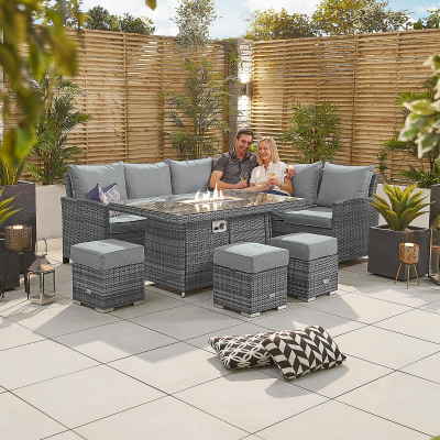 Cambridge L-Shaped Corner Rattan Lounge Dining Set with 3 Stools - Right Handed Gas Fire Pit Table in Grey Rattan