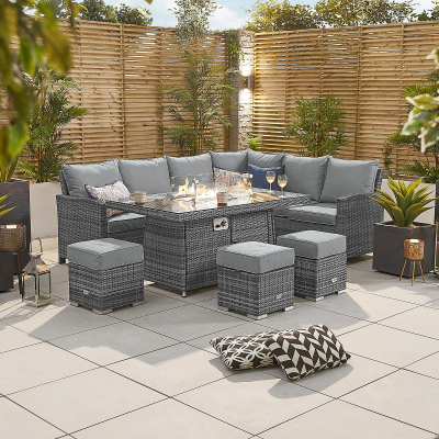 Cambridge L-Shaped Corner Rattan Lounge Dining Set with 3 Stools - Right Handed Gas Fire Pit Table in Grey Rattan