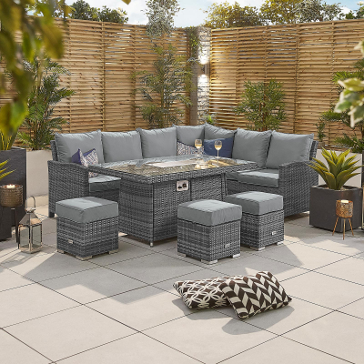 Cambridge L-Shaped Corner Rattan Lounge Dining Set with 3 Stools - Right Handed Gas Fire Pit Table in Grey Rattan