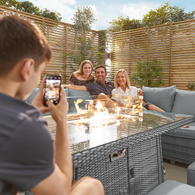 Cambridge L-Shaped Corner Rattan Lounge Dining Set with 3 Stools - Right Handed Gas Fire Pit Table in Grey Rattan