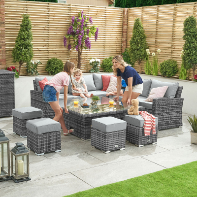 Cambridge Deluxe Corner Rattan Lounge Dining Set with 4 Stools - Square Rising Table in Grey Rattan