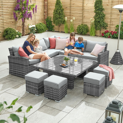 Cambridge Deluxe Corner Rattan Lounge Dining Set with 4 Stools - Square Rising Table in Grey Rattan