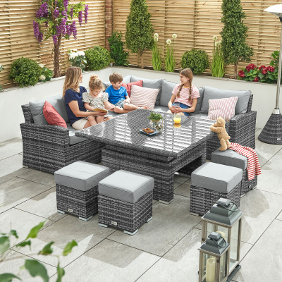 Cambridge Deluxe Corner Rattan Lounge Dining Set with 4 Stools - Square Rising Table in Grey Rattan