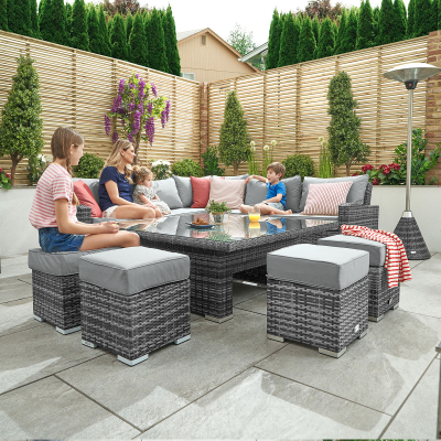 Cambridge Deluxe Corner Rattan Lounge Dining Set with 4 Stools - Square Rising Table in Grey Rattan