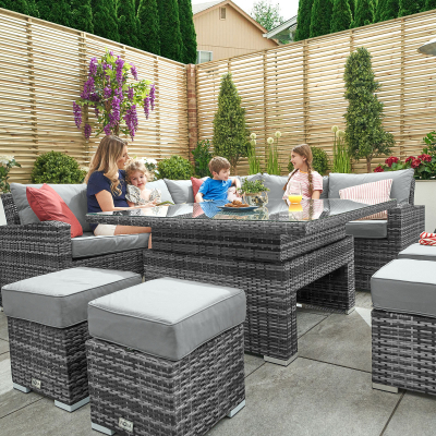 Cambridge Deluxe Corner Rattan Lounge Dining Set with 4 Stools - Square Rising Table in Grey Rattan