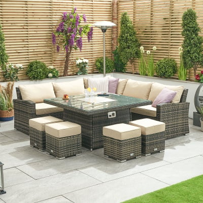 Cambridge Deluxe Corner Rattan Lounge Dining Set with 4 Stools - Square Gas Fire Pit Table in Brown Rattan