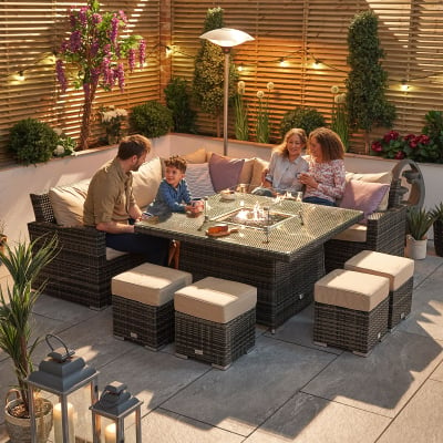 Cambridge Deluxe Corner Rattan Lounge Dining Set with 4 Stools - Square Gas Fire Pit Table in Brown Rattan