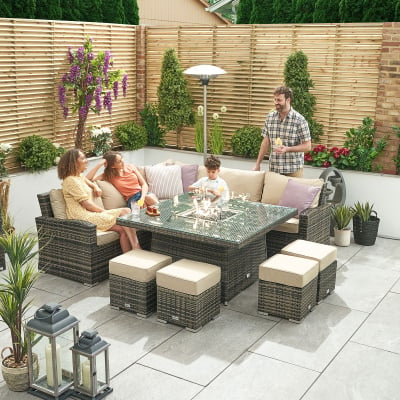 Cambridge Deluxe Corner Rattan Lounge Dining Set with 4 Stools - Square Gas Fire Pit Table in Brown Rattan