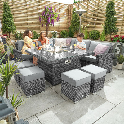 Cambridge Deluxe Corner Rattan Lounge Dining Set with 4 Stools - Square Gas Fire Pit Table in Grey Rattan