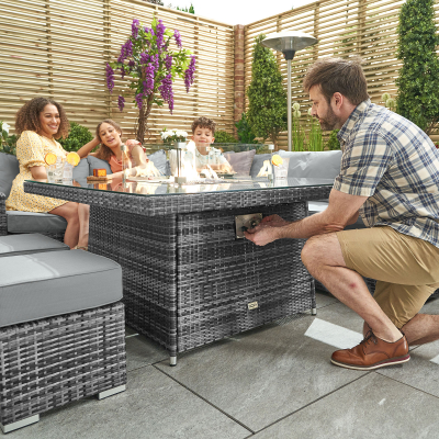 Cambridge Deluxe Corner Rattan Lounge Dining Set with 4 Stools - Square Gas Fire Pit Table in Grey Rattan