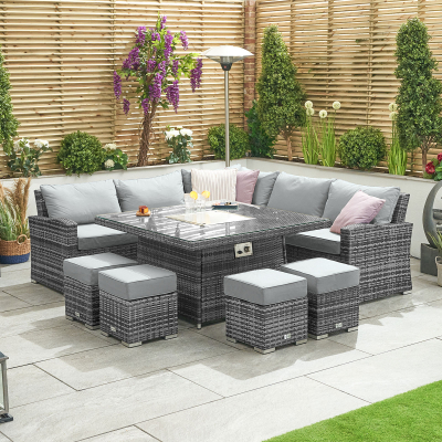 Cambridge Deluxe Corner Rattan Lounge Dining Set with 4 Stools - Square Gas Fire Pit Table in Grey Rattan