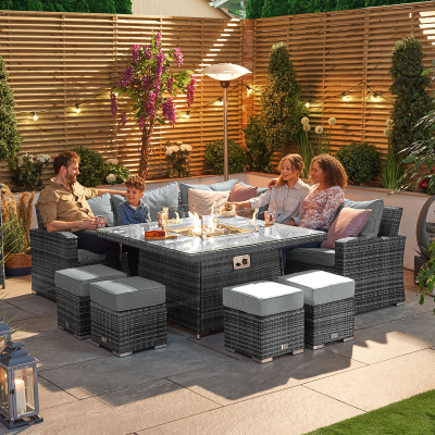 Cambridge Deluxe Corner Rattan Lounge Dining Set with 4 Stools - Square Gas Fire Pit Table in Grey Rattan