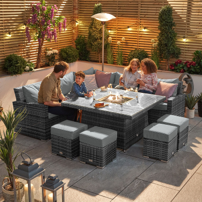 Cambridge Deluxe Corner Rattan Lounge Dining Set with 4 Stools - Square Gas Fire Pit Table in Grey Rattan