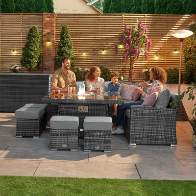 Cambridge Deluxe Corner Rattan Lounge Dining Set with 4 Stools - Square Gas Fire Pit Table in Grey Rattan