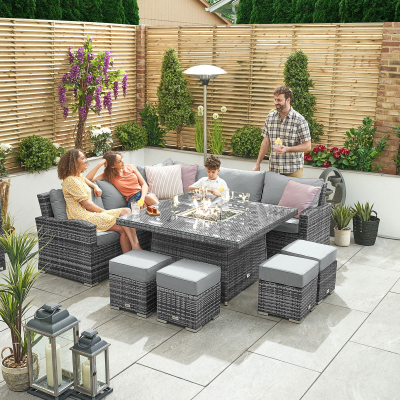 Cambridge Deluxe Corner Rattan Lounge Dining Set with 4 Stools - Square Gas Fire Pit Table in Grey Rattan