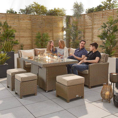 Ciara L-Shaped Corner Rattan Lounge Dining Set with 3 Stools - Left Handed Gas Fire Pit Table in Willow