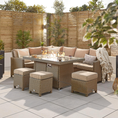 Ciara L-Shaped Corner Rattan Lounge Dining Set with 3 Stools - Left Handed Gas Fire Pit Table in Willow