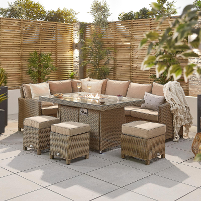 Ciara L-Shaped Corner Rattan Lounge Dining Set with 3 Stools - Left Handed Gas Fire Pit Table in Willow