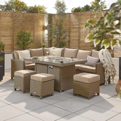 Ciara L-Shaped Corner Rattan Lounge Dining Set with 3 Stools - Left Handed Gas Fire Pit Table in Willow