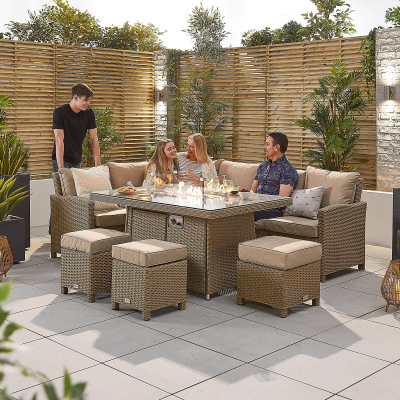 Ciara L-Shaped Corner Rattan Lounge Dining Set with 3 Stools - Left Handed Gas Fire Pit Table in Willow