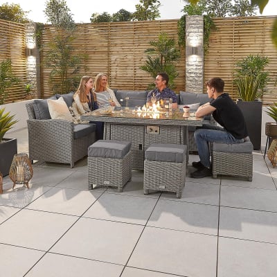 Ciara L-Shaped Corner Rattan Lounge Dining Set with 3 Stools - Left Handed Gas Fire Pit Table in White Wash