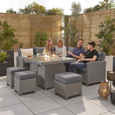 Ciara L-Shaped Corner Rattan Lounge Dining Set with 3 Stools - Left Handed Gas Fire Pit Table in White Wash