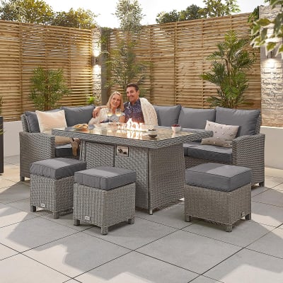 Ciara L-Shaped Corner Rattan Lounge Dining Set with 3 Stools - Left Handed Gas Fire Pit Table in White Wash