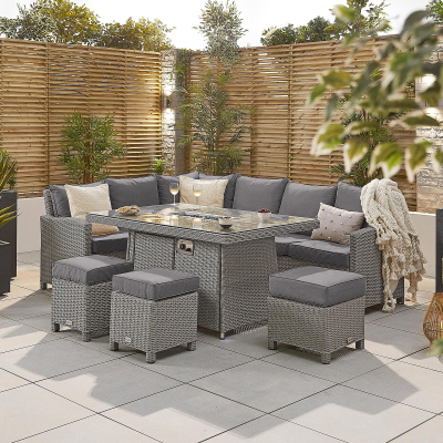 Ciara L-Shaped Corner Rattan Lounge Dining Set with 3 Stools - Left Handed Gas Fire Pit Table in White Wash