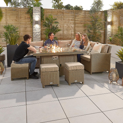 Ciara L-Shaped Corner Rattan Lounge Dining Set with 3 Stools - Right Handed Gas Fire Pit Table in Willow